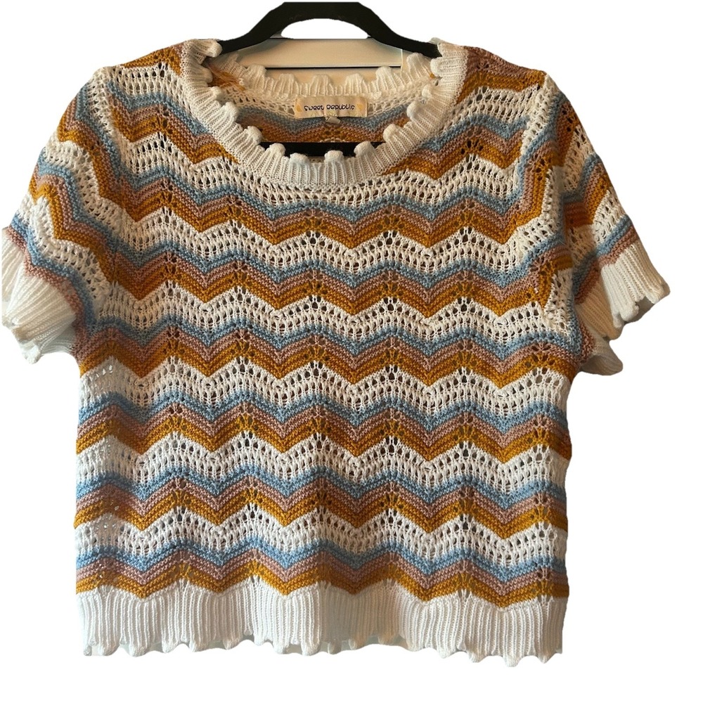 Sweater Loose Knit Striped Boho Retro Festival Coastal Short Sleeve Crop Large